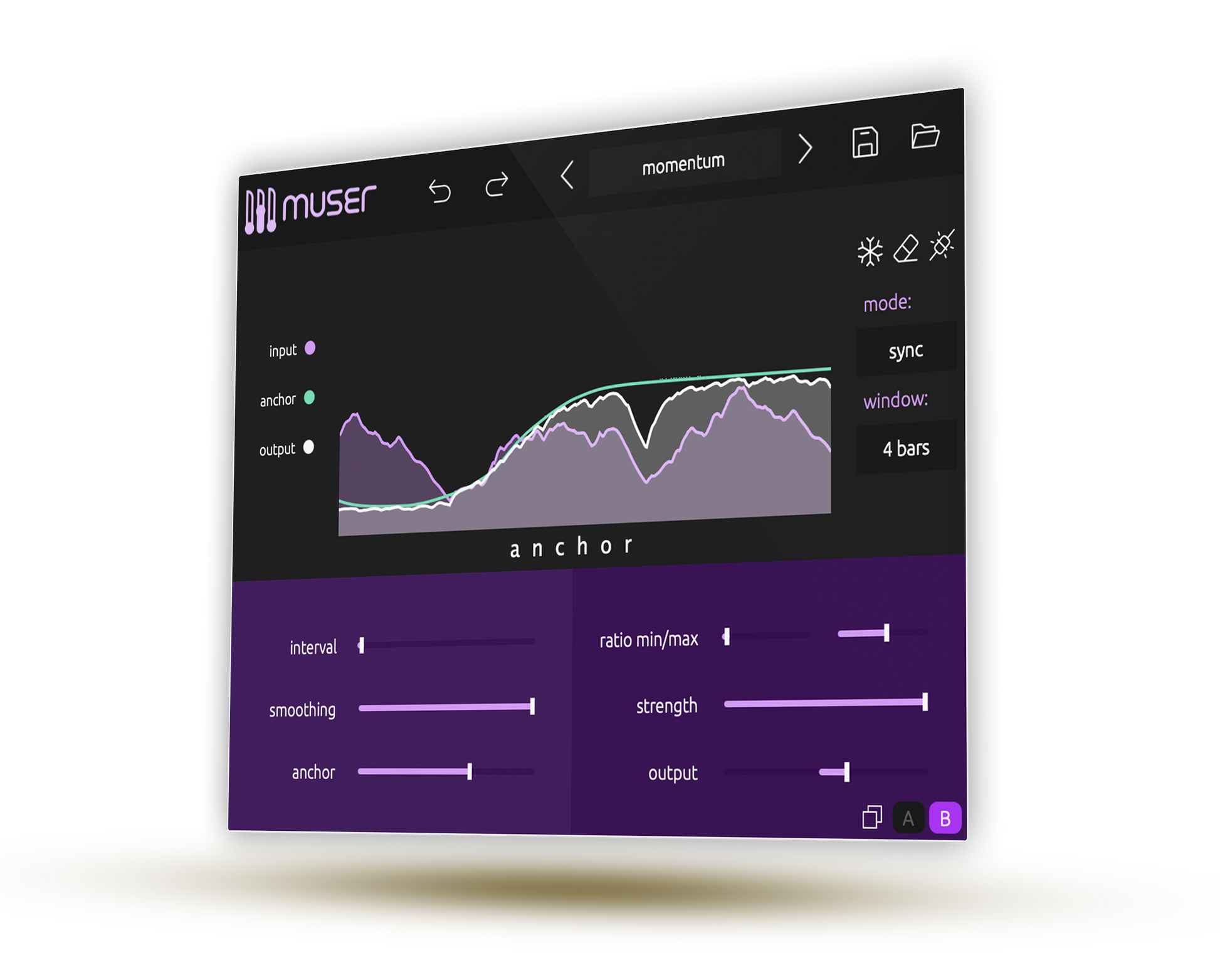 Muser anchor software interface on a screen with a dark background